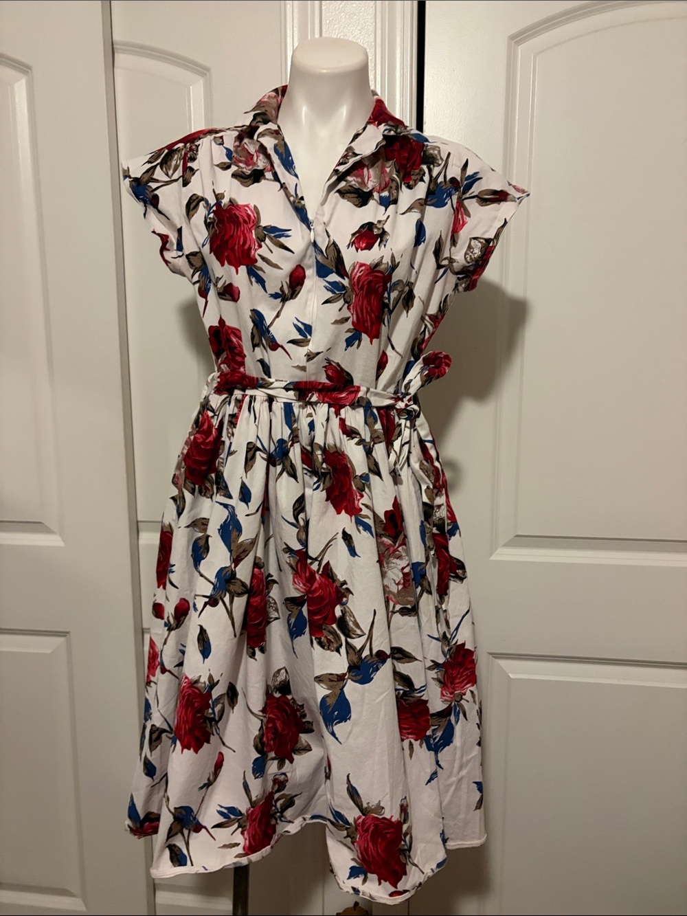 White Midi Shirt Dress with Red Rose and Blue Leaf Print